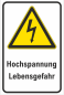 Preview: Kombi-Warnschild Hochformat mit Symbol nach DIN7010 und Text Hochspannung Lebensgefahr